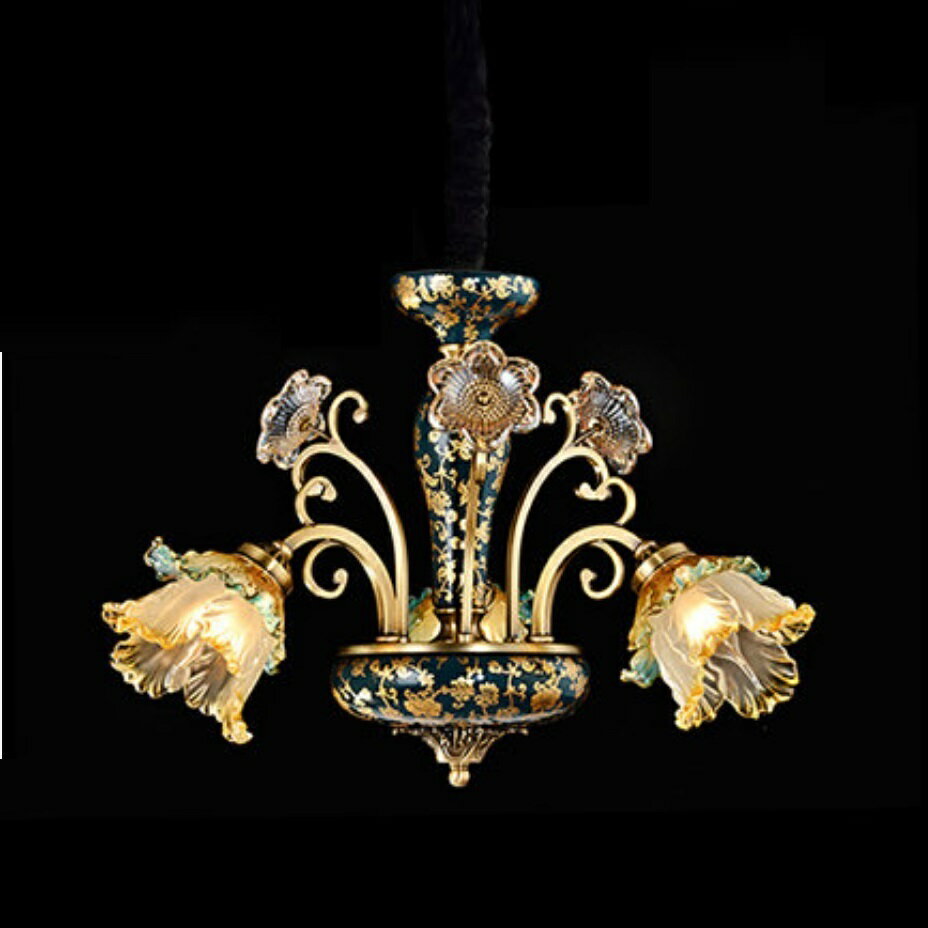 L62-3-2銅.陶器ガラス.ペンダントライト．洋風照明　シャンデリア　北欧デザイン シーリングライト不可 天井照明 花柄 3灯 電源直結タイプ