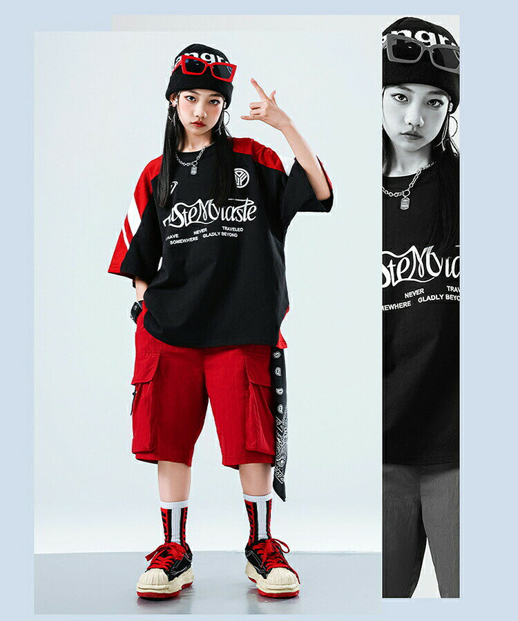 ブラック レッド キッズ ダンス衣装 単品 セットアップ 女の子 男の子 柄シャツ カ...