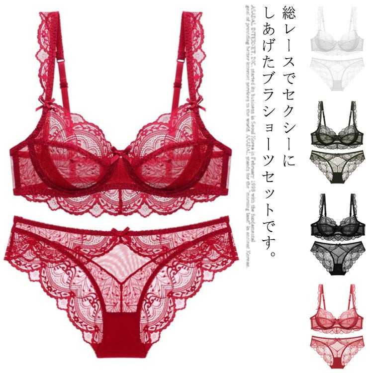 ブラジャー 2点セット ワイヤー入り 総レース レディースラ セクシー シースルー 下着 女性 デート キレイめ 美胸