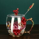 ガラス製ティーコーヒーカップ3点セットカップ&ソーサー1客 花柄 琺瑯質彩カップ