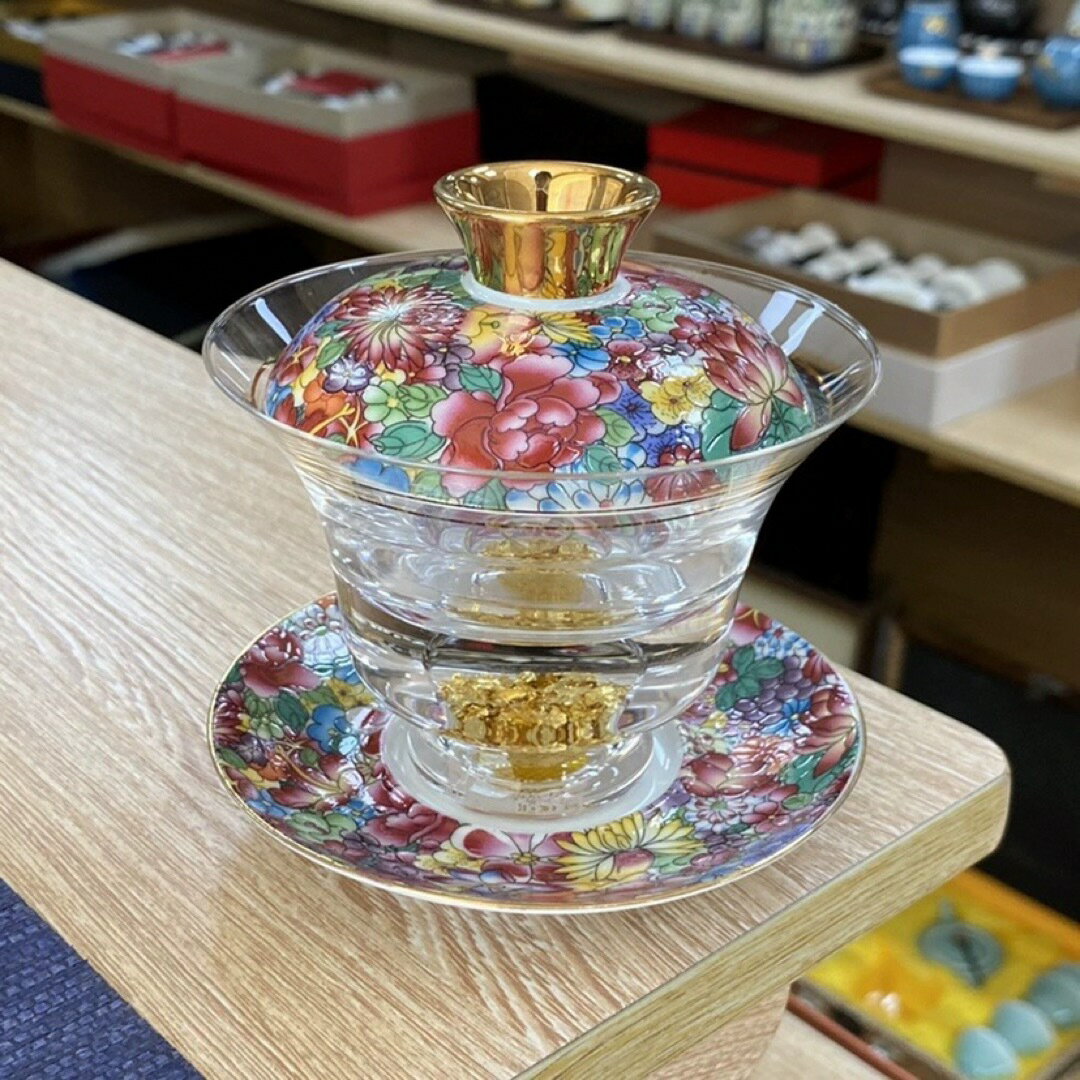 金箔入れ　茶器ガラス蓋碗 180ml 磁器蓋と受け皿付き（花模様）高級 食器