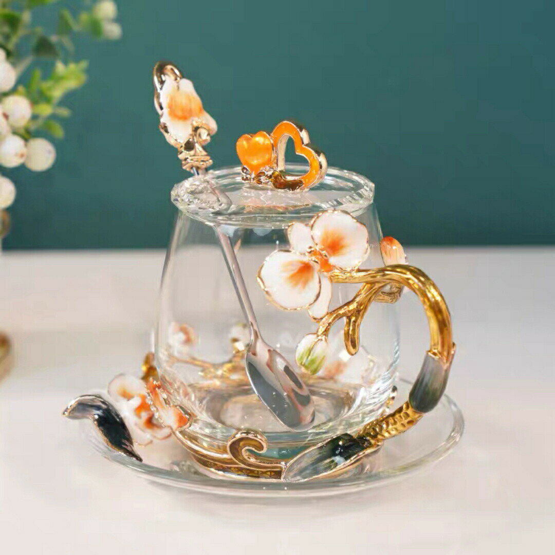 ガラス製ティーコーヒーカップ カップ＆ソーサー1客 花柄 琺瑯質彩カップ