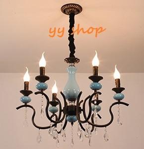 Pendant Lamps - 0720L61-6ペンダントライト．洋風照明　シャンデリア　北欧デザイン 天井照明.水晶.陶器6灯 電源直結タイプ