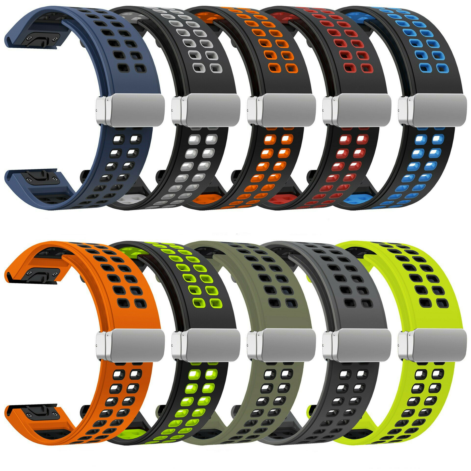 PEAK 人気 コンパチブル GARMIN専用 四角の穴二色 磁気シリコーン時計バンド ベルト 脱落防止 QuickFit 20mm/22mm/26mm 磁気表ボタンを折り畳む柔軟なゴム 防水