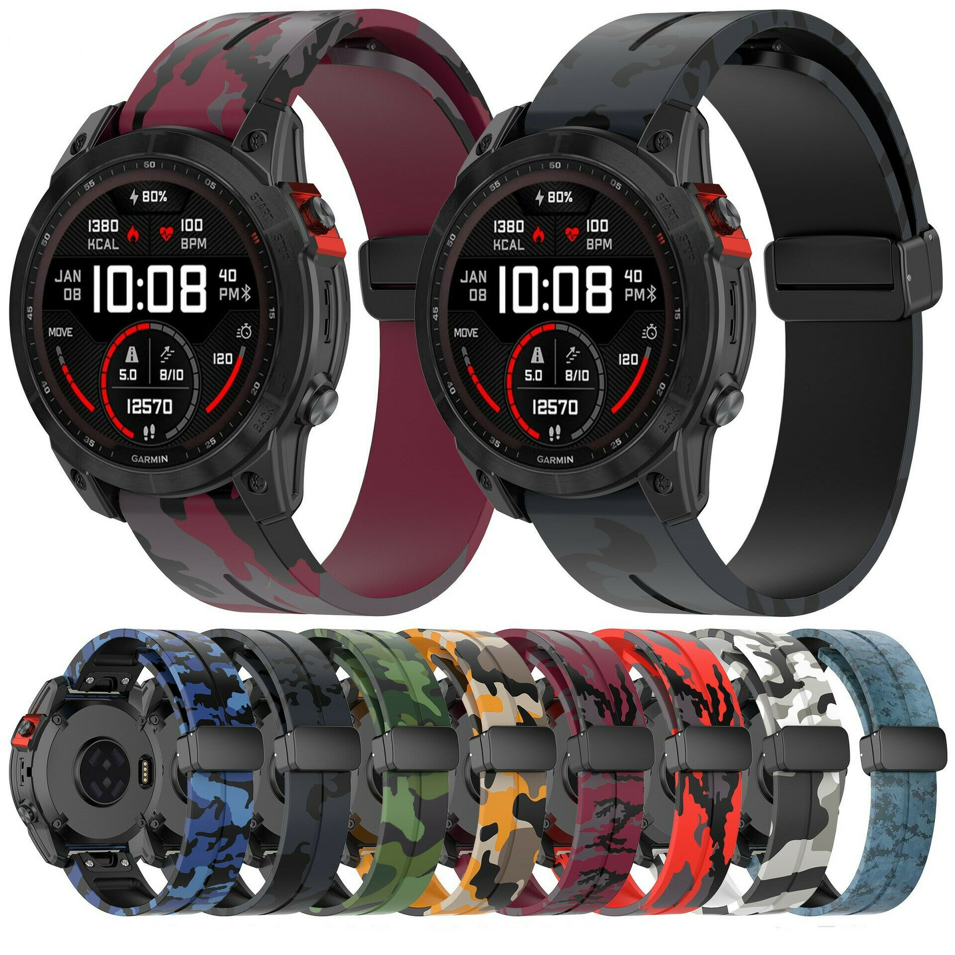 最新 コンパチブル GARMIN専用 迷彩模様磁気シリコーン時計バンド ベルト 脱落防止 QuickFit 20mm/22mm/26mm 磁気表ボタンを折り畳む柔軟なゴム 防水