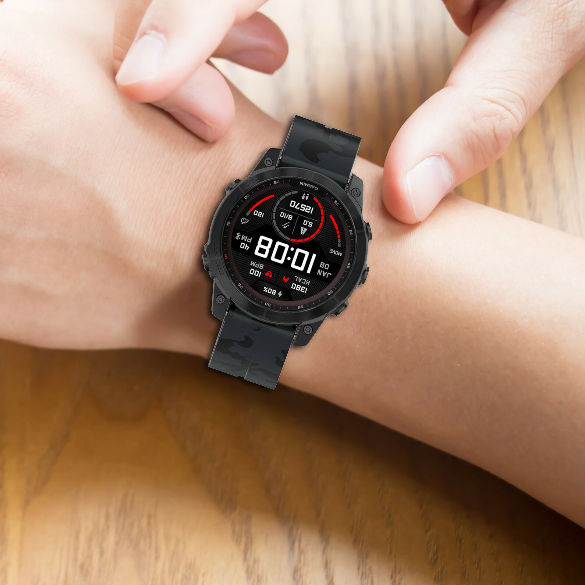 最新 コンパチブル GARMIN専用 迷彩模様磁気シリコーン時計バンド ベルト 脱落防止 QuickFit 20mm/22mm/26mm 磁気表ボタンを折り畳む柔軟なゴム 防水