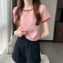 撞色丸首半袖Tシャツ女性2023年新型サマータイツスリムショート丈学生女性上着