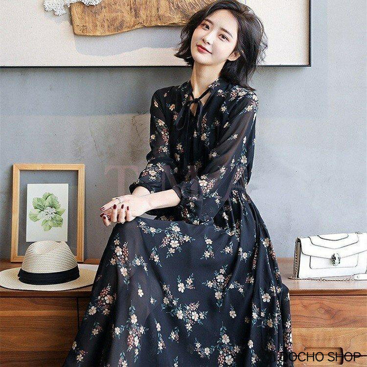 乐天商城 - ワンピース シフォンワンピース 花柄ワンピース レディース 春秋 オシャレ ロング丈ワンピース 長袖 パーティー 二次会　発表会 ゆったり きれいめ