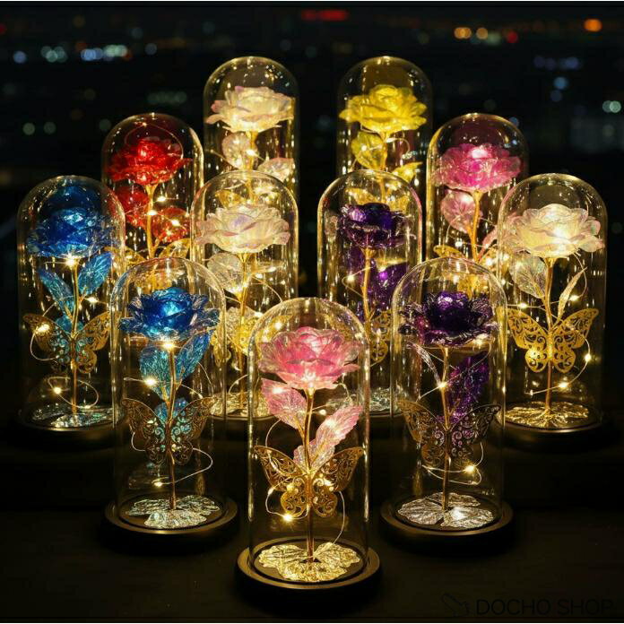 乐天商城 - プリザーブドフラワー 金メッキローズ 蝶付き 造花 バラ 花束 枯れない花 LEDライト付き ホワイトデー 母の日 入学式 お見舞い 記念日 ギフト