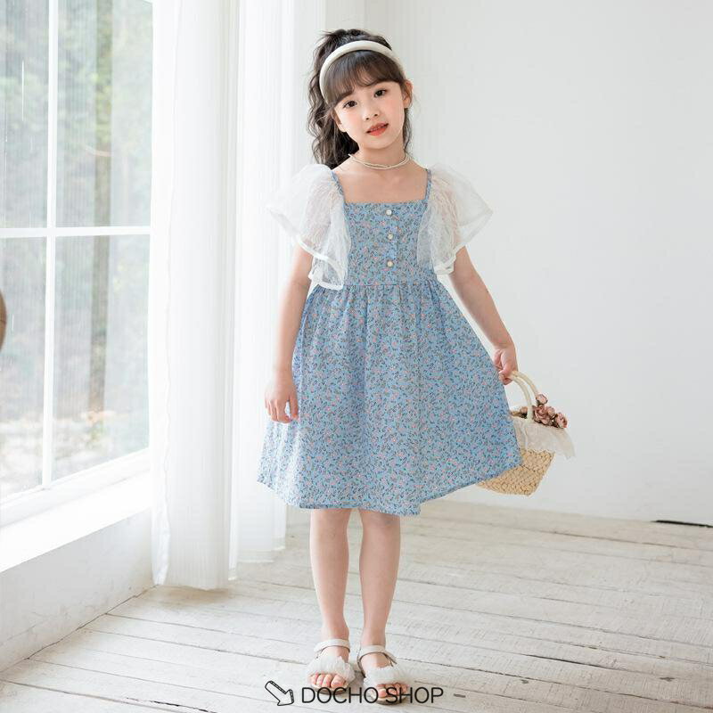 乐天商城 - 子供 女の子 ワンピース 夏 キッズ チュール袖 Aライン スクエアネック 可愛い おしゃれ お出かけ 通園 通学 発表会 結婚式 旅行