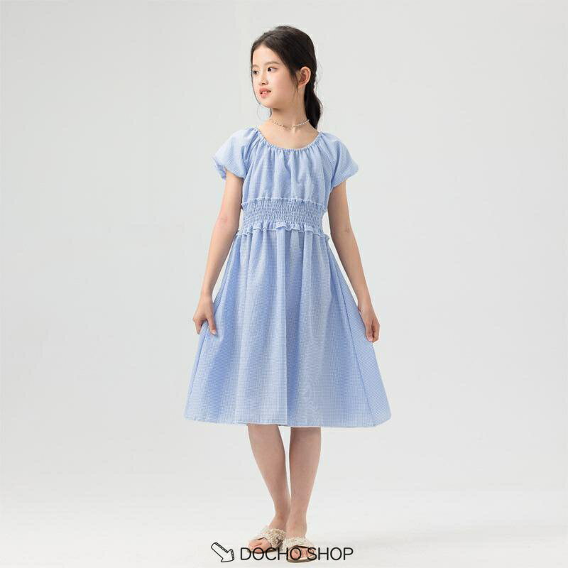 乐天商城 - ワンピース 女の子 キッズ 夏 子供 ギンガムチェック 半袖 シャーリング パフスリーブ Aライン ひざ丈 カジュアル 通学 お出かけ