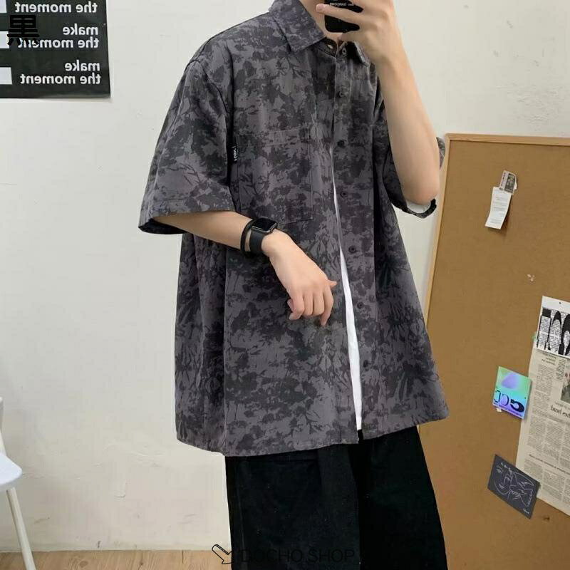 DOCHOSHOP楽天市場店のカジュアルシャツ メンズ 半袖 夏 ワークシャツ ビッグシルエット オーバーサイズ タイダイ 総柄 ストリート系 ドロップショルダー 通学｜アングル2