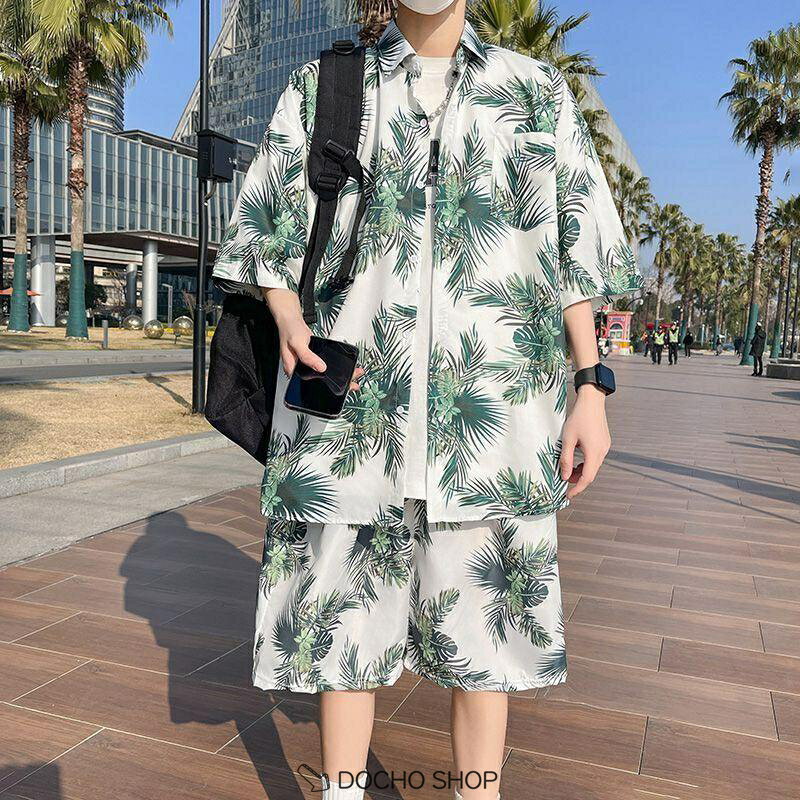 乐天商城 - アロハシャツ セットアップ メンズ 夏 半袖 上下セット ボタニカル柄 リーフ柄 オープンカラー シャツ ショートパンツ 総柄 ビーチ