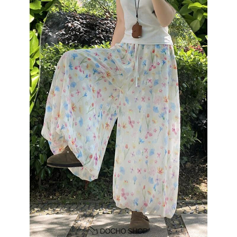 乐天商城 - ワイドパンツ レディース 夏 ガウチョパンツ 小花柄 ロング丈 涼しい 接触冷感 シフォンパンツ ウエストゴム ゆったり 楽ちん 裾絞り
