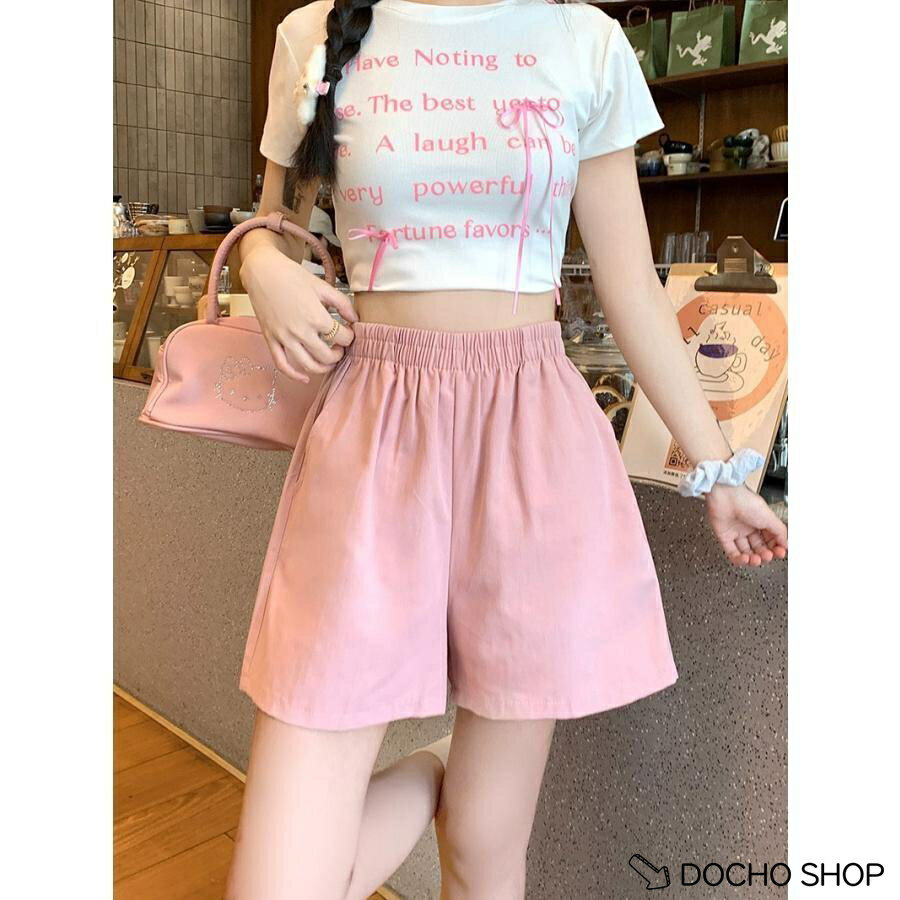 乐天商城 - ショートパンツ レディース 夏 ハイウエスト Aライン ワイドパンツ スモーキーピンク ウエストゴム 部屋着 スポーツ 短パン おしゃれ