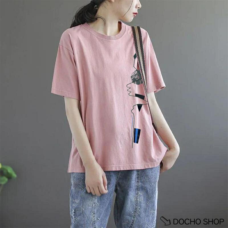 乐天商城 - Tシャツ レディース 半袖 夏 カジュアル プリント 幾何学 クルーネック ゆったり 大きいサイズ ス 綿混 柔らかい 体型カバー