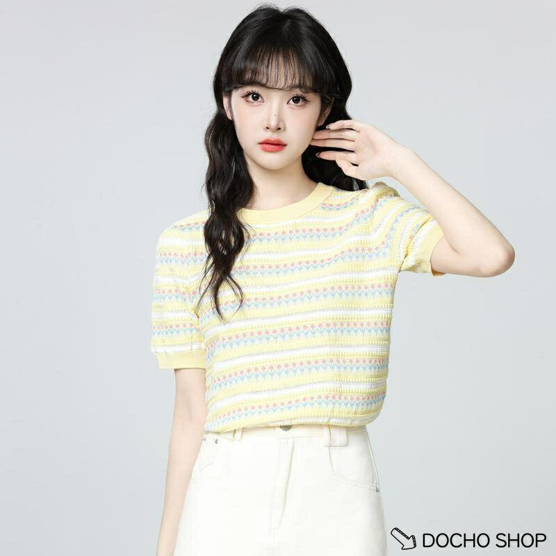 乐天商城 - ニット 半袖 レディース ス 春 夏 春夏 薄手 パフスリーブ 丸首 レトロ ヴィンテージ ガーリー ボーダー 透け感 花柄 清楚