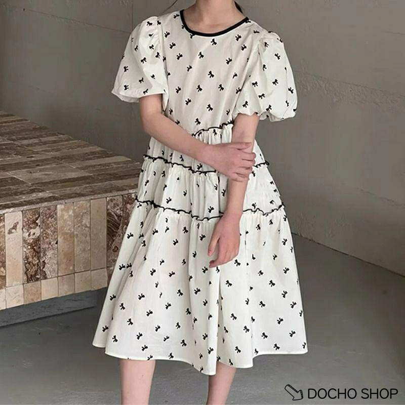 DOCHOSHOP楽天市場店の子供 女の子 ワンピース キッズ 夏 パフスリーブ リボン柄 ティアード 膝丈 Aライン 半袖 子供 ドレス おしゃれ 可愛い 通学｜アングル3