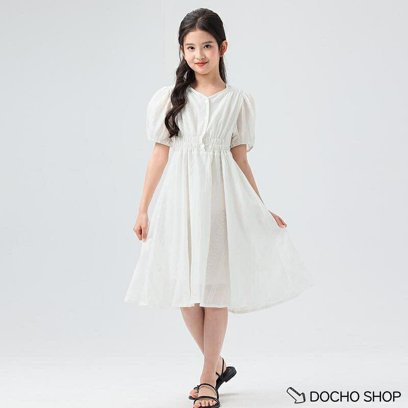 子供 ワンピース 女の子 キッズ 夏 半袖 パフスリーブ Aライン 発表会 結婚式 お出かけ 膝丈 プリンセス風 ハイウエスト 前ボタン