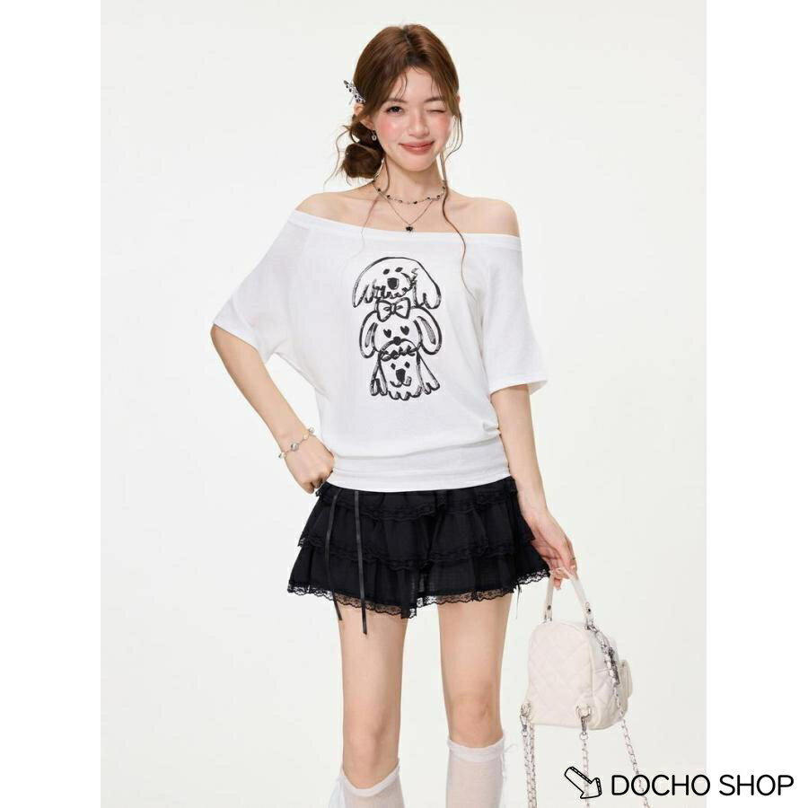乐天商城 - Tシャツ レディース 半袖 カットソー 夏 オフショルダー ボートネック 犬 プリント アニマル イラスト 可愛い ゆったり 着痩せ 学生