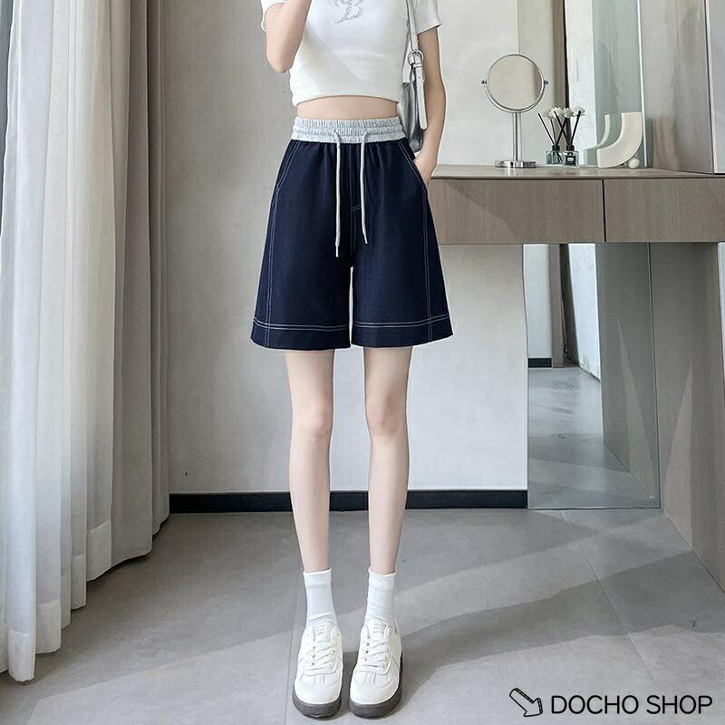乐天商城 - ショートパンツ レディース デニム 夏 テンセル ハイウエスト Aライン ワイドパンツ 着痩せ 涼しい 蒸れない ウエストゴム ドロスト