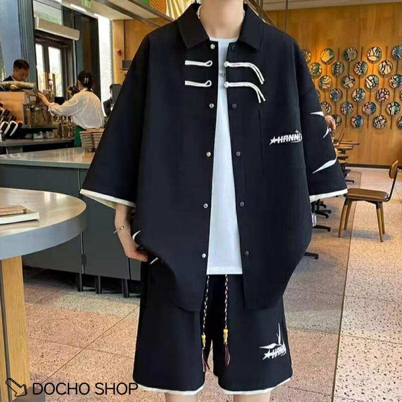 乐天商城 - メンズ セットアップ 夏 チャイナ風 竹柄 刺繍 綿麻 上下セット 5分袖 シャツ ハーフパンツ ゆったり カジュアル 涼しい 部屋着