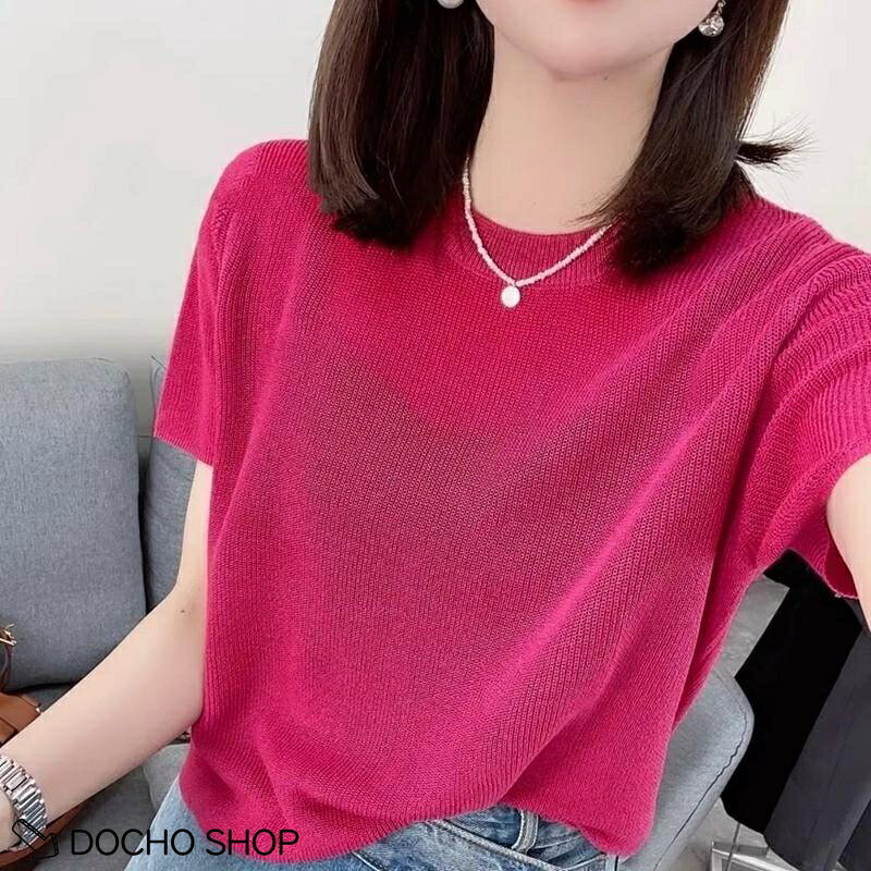 ニット Tシャツ レディース アイスシルク 夏 通気性 クルーネック プルオーバー 半袖 ブラウス 薄手 サマーニット 接触冷感 きれいめ