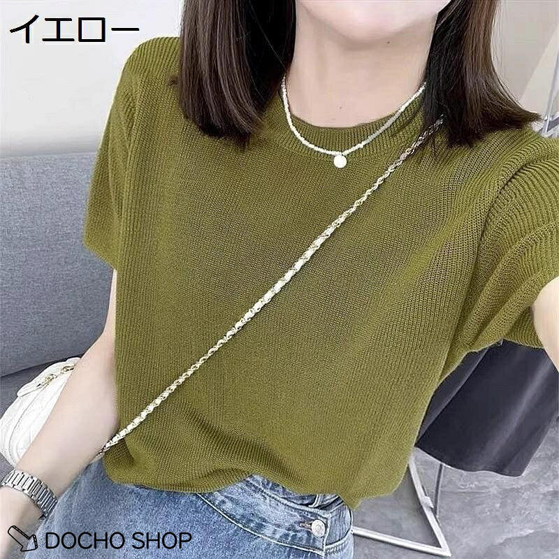 DOCHOSHOP楽天市場店のニット Tシャツ レディース アイスシルク 夏 通気性 クルーネック プルオーバー 半袖 ブラウス 薄手 サマーニット 接触冷感 きれいめ｜アングル3