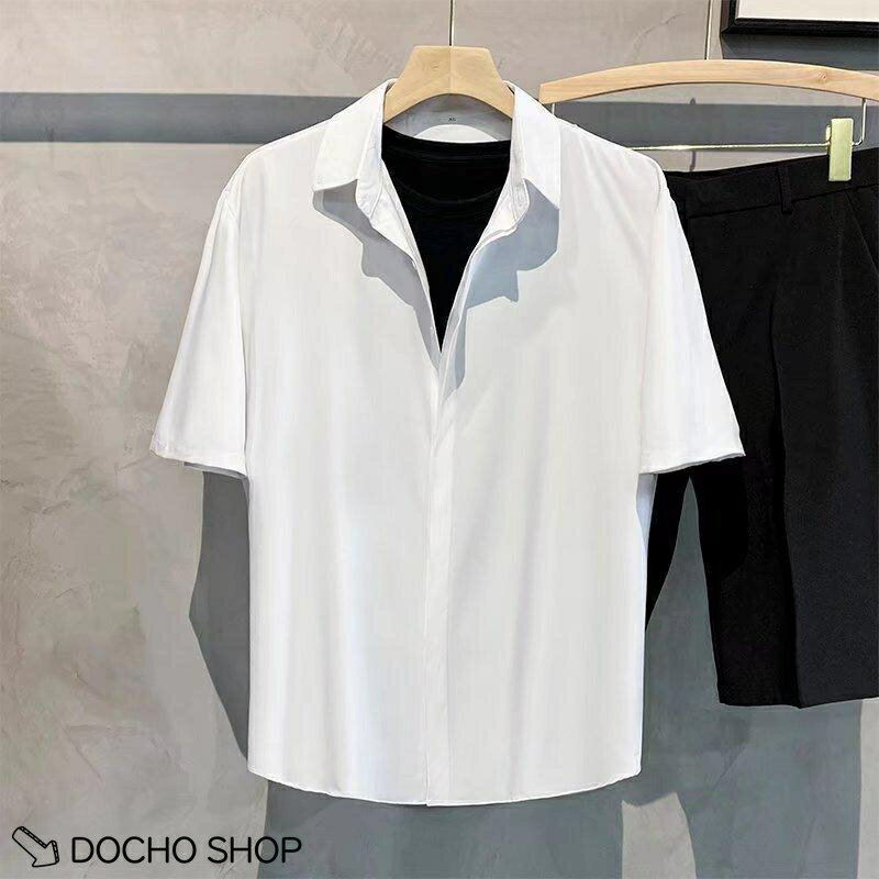 乐天商城 - メンズ カジュアルシャツ 半袖 ビッグシルエット 夏 接触冷感 ルーズフィット 無地 透け防止 しわ耐性 ビジカジ 清潔感 ファッション