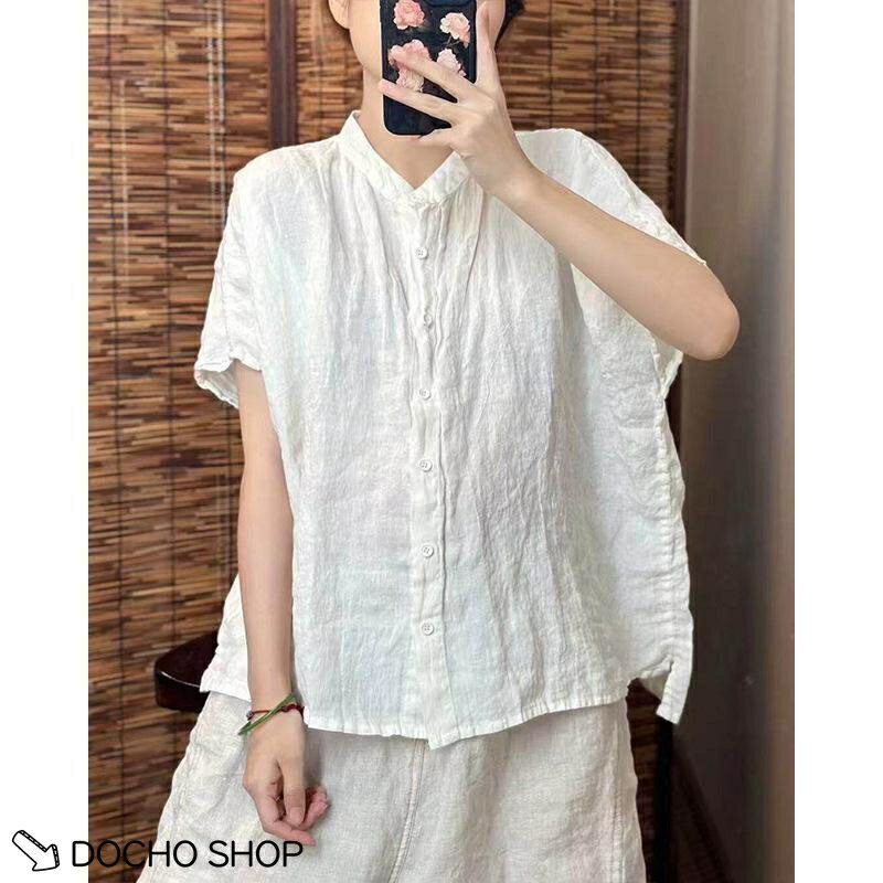 乐天商城 - ブラウス レディース 夏 半袖 リネン シャツ 綿麻 バンドカラー ス スタンドカラー ゆったり 大きいサイズ 体型カバー 涼しい