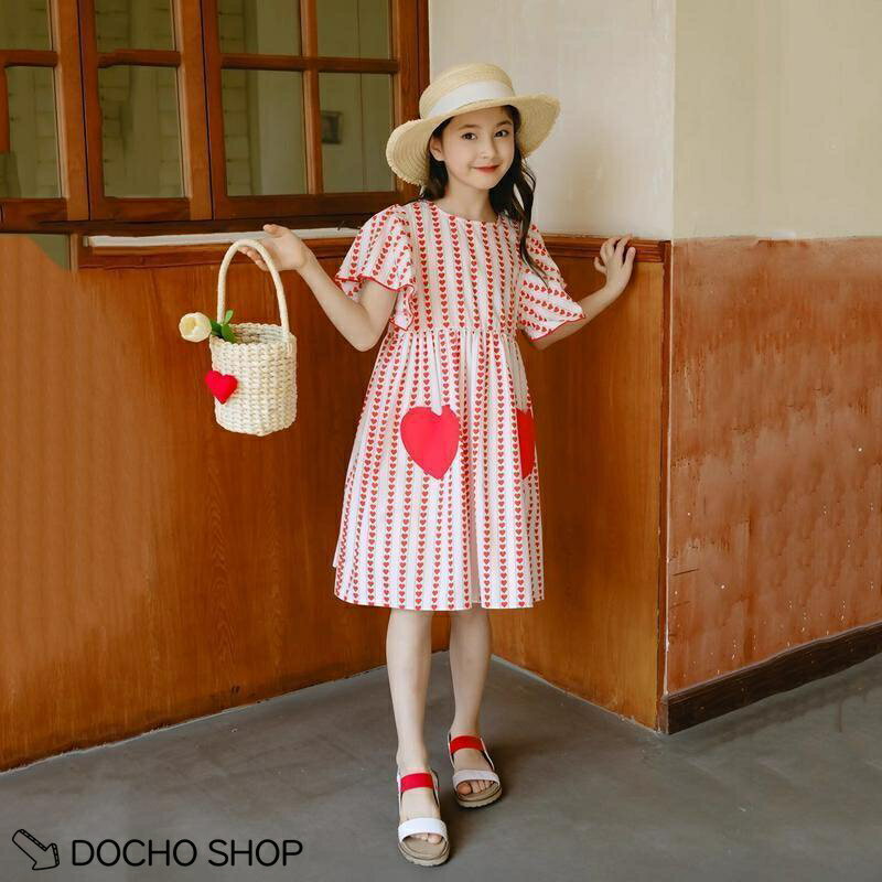 乐天商城 - ワンピース 女の子 キッズ 子供 夏 ハート柄 フリル袖 半袖 かわいい カジュアル お出かけ 通園 通学 普段着 膝丈 プリンセス 春夏