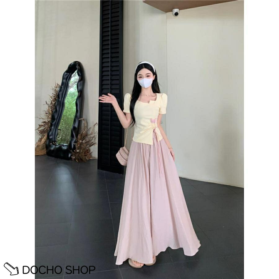 乐天商城 - セットアップ レディース 夏 シフォン パフスリーブ ブラウス ワイドパンツ 着痩せ ミモレ丈 2点セット 旅行 リゾート 体型カバー