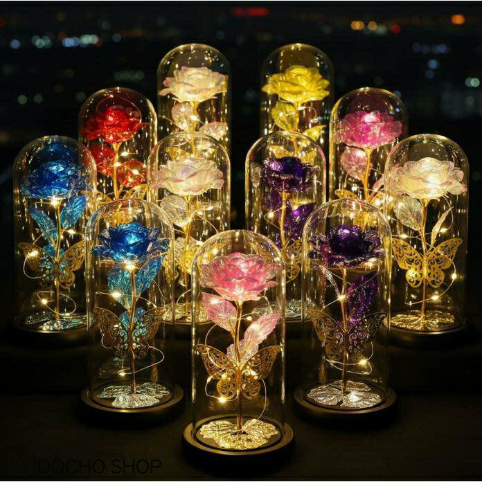 乐天商城 - プリザーブドフラワー 金メッキローズ 蝶付き 造花 バラ 花束 枯れない花 LEDライト付き ホワイトデー 母の日 入学式 お見舞い 記念日 ギフト