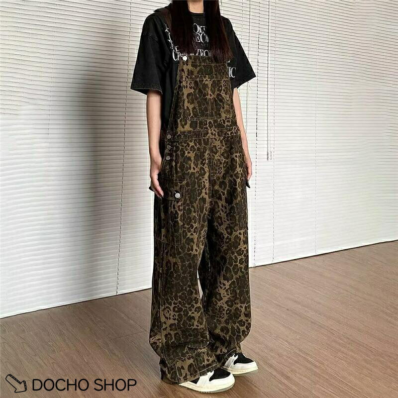 乐天商城 - サロペット ワイド レディース レトロ ゆったり 着痩せ ストリートコーデ アメカジ ヒョウ柄 夏 パンツ 春秋 ボトムス 大きいサイズ