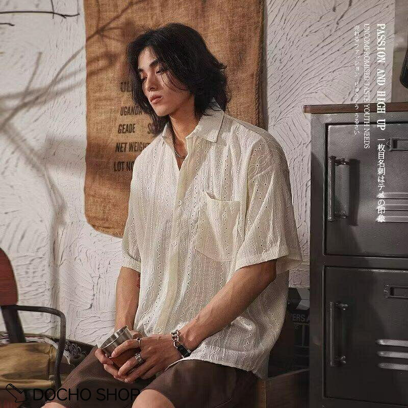乐天商城 - メンズ シャツ 半袖 夏 夏 オープンカラー 開襟シャツ 半袖シャツ ビッグシルエット ブラウス 高見え 透かし編み レトロ カジュアル