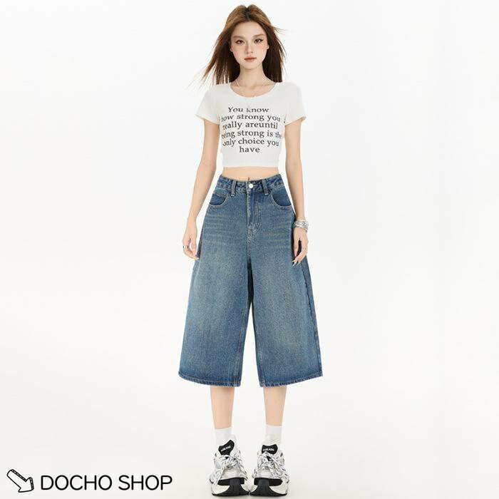 乐天商城 - ワイドパンツ レディース デニム 七分丈 ガウチョパンツ ハイウエスト 春 夏 秋 薄手 ゆったり 体型カバー カジュアル ボトムス 美脚