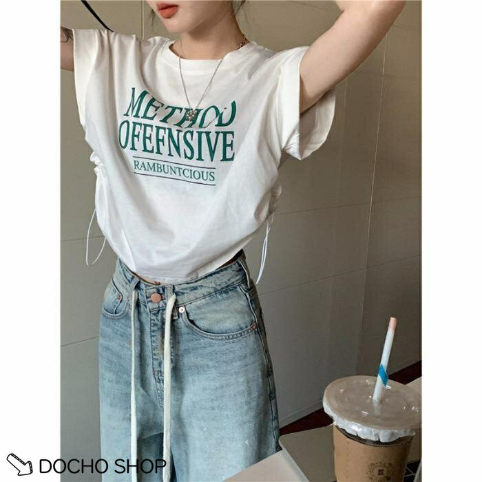 乐天商城 - Tシャツ レディース 半袖 カットソー ス 夏 ファッション ストリート系 サイドシャーリング クロップド丈 へそ出し 英字ロゴ