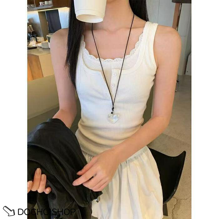 タンク レディース レース ボタン リブ スリム ス インナー 夏 快適 フィット ストレッチ 重ね着 インナーウェア 可愛い