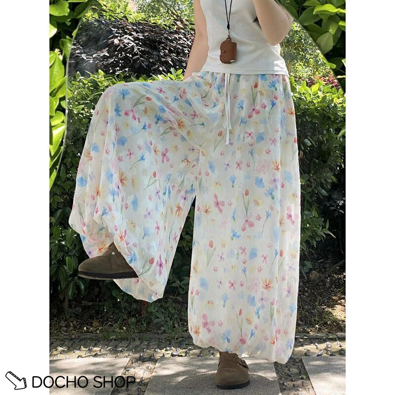 乐天商城 - ワイドパンツ レディース 夏 ガウチョパンツ 小花柄 ロング丈 涼しい 接触冷感 シフォンパンツ ウエストゴム ゆったり 楽ちん 裾絞り