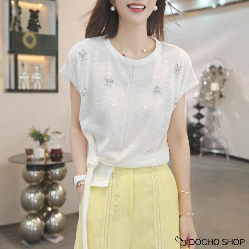 ニット Tシャツ レディース フレンチスリーブ シアー ブラウス 花モチーフ 薄手 さらさら きれいめ 通勤 アシンメトリー オフィス 夏