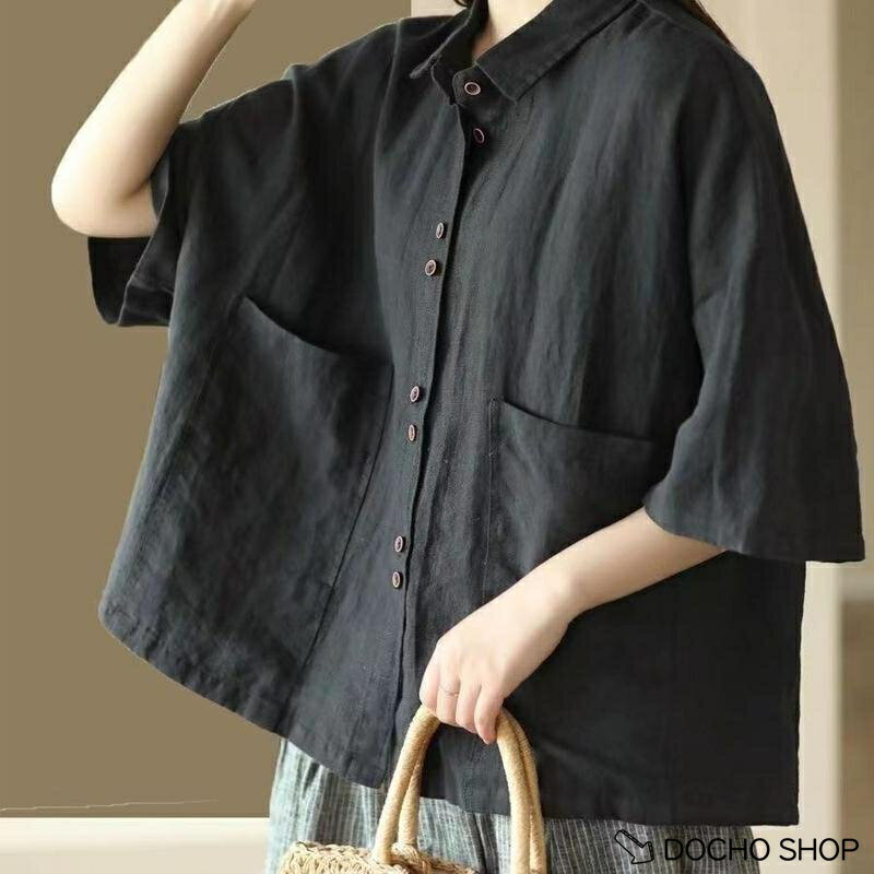 乐天商城 - 綿麻 シャツ レディース 夏 半袖 涼しい 抜き襟 ブラウス ゆったり ドロップショルダー 五分袖 無地 ス きれいめ カジュアル