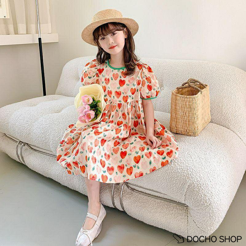 乐天商城 - 子供 女の子 ワンピース 夏 半袖 パフスリーブ ハート柄 総柄 かわいい プリンセス お出かけ 通園 通学 発表会 誕生日 ギフト