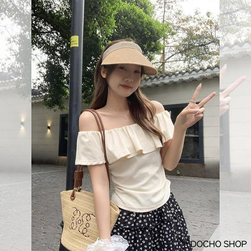 乐天商城 - オフショルダー ス レディース 半袖 フリル スリム フィット 夏 カジュアル フェミニン デート 伸縮性 ストレッチ きれいめ