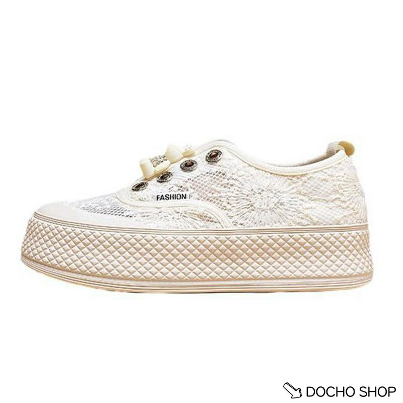 乐天商城 - デッキシューズ レース メッシュ レディース キャンバスシューズ 厚底 身長アップ 編み上げ 夏靴 ローカット 通気 蒸れない 春夏秋