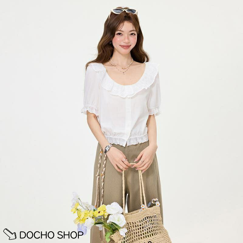 DOCHOSHOP楽天市場店のブラウス レディース 半袖 ス 春 夏 フリル襟 レース ティアード カットソー パフスリーブ ガーリー フェミニン ファッション｜アングル3