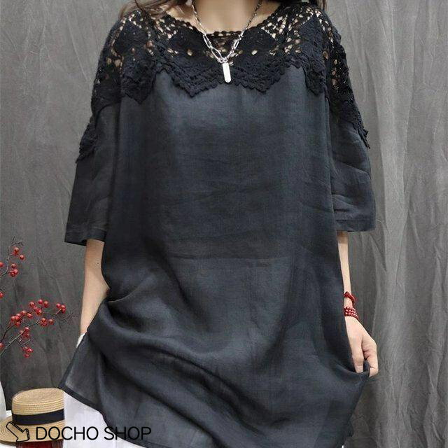 乐天商城 - チュニック レディース ブラウス 夏 綿麻 レース 刺繍 五分袖 ス ゆったり 大きいサイズ 涼しい リネン シャツ クルーネック