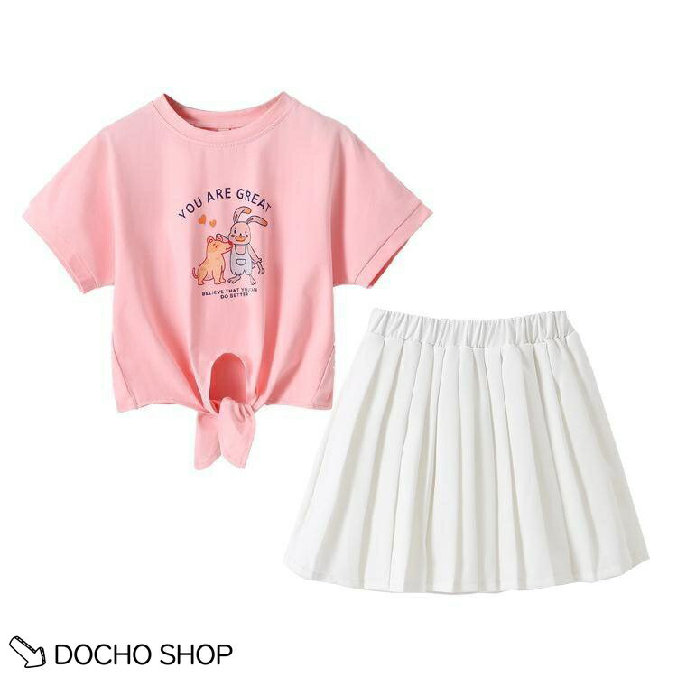 乐天商城 - 子供 女の子 セットアップ 夏 2点セット 半袖 Tシャツ プリーツスカート キッズ 上下セット ガールズ 裾結び プリント 可愛い 通学