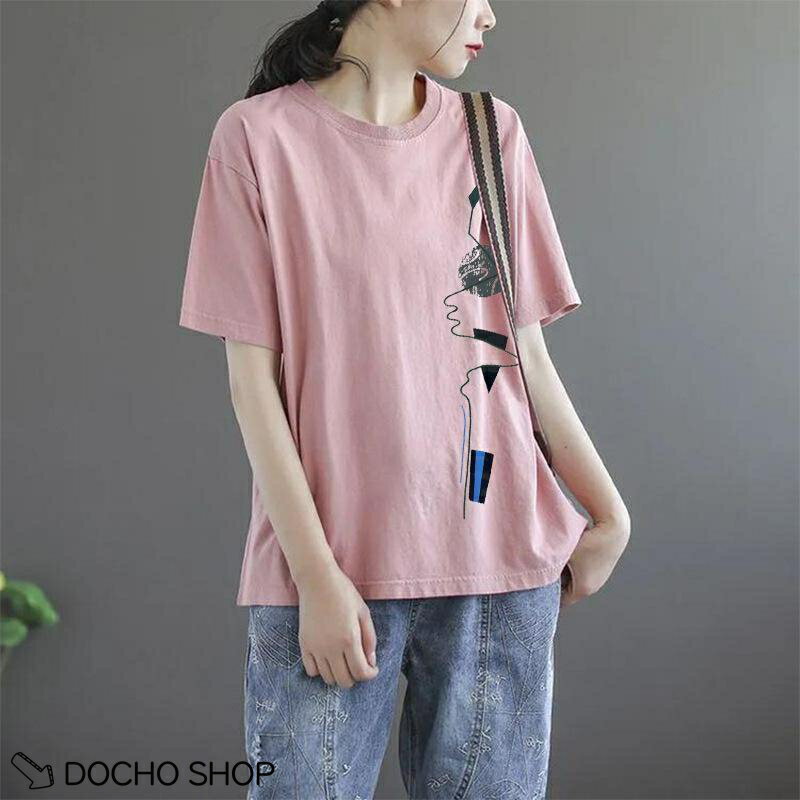 乐天商城 - Tシャツ レディース 半袖 夏 カジュアル プリント 幾何学 クルーネック ゆったり 大きいサイズ ス 綿混 柔らかい 体型カバー