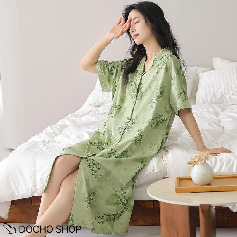 乐天商城 - パジャマ レディース ワンピース 前開き 半袖 ネグリジェ 夏 部屋着 膝丈 ルームウェア シャツワンピース 襟付き おしゃれ 可愛い
