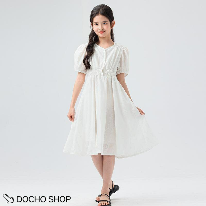 乐天商城 - 子供 ワンピース 女の子 キッズ 夏 半袖 パフスリーブ Aライン 発表会 結婚式 お出かけ 膝丈 プリンセス風 ハイウエスト 前ボタン